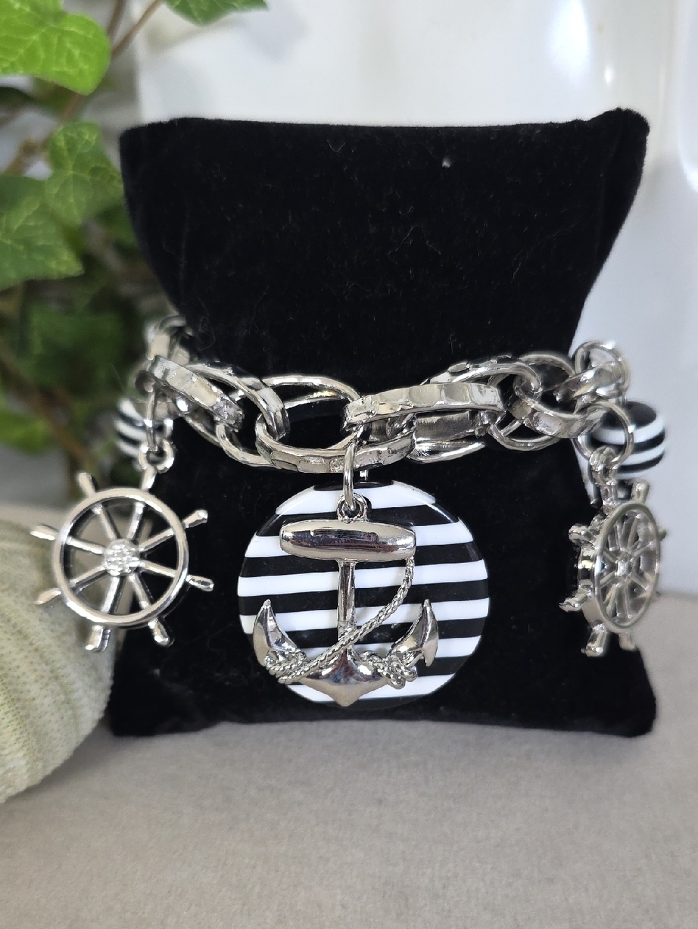 Nautical Charm Bracelet Silver Tone Anchor Ship Wheel Striped Sailor Theme